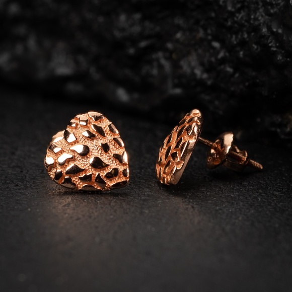 Rose Gold Women’s Cute Solid Pink 925 Sterling Silver Nugget Stud Heart Earrings - Picture 2 of 5